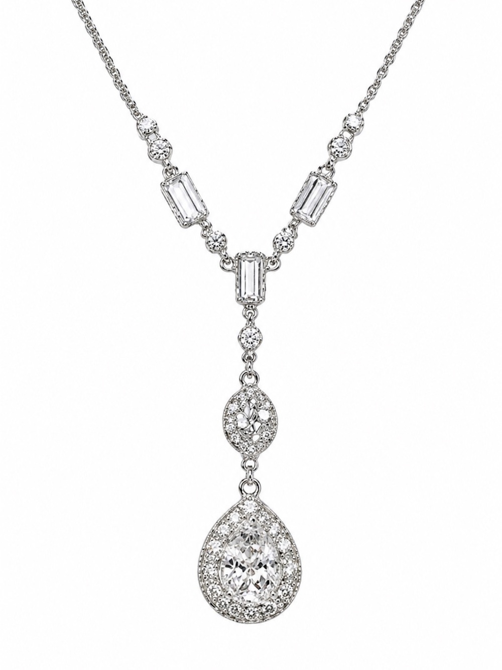 Givenchy Silver Crystal Y-Drop Necklace Elegant Teardrop Pendant
